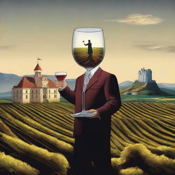 Create a surrealistic image featuring a person holding a cup of wine labeled 'Monterrey'