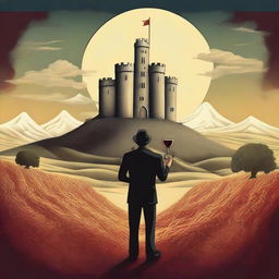 Create a surrealistic image featuring a person holding a cup of wine labeled 'Monterrey'