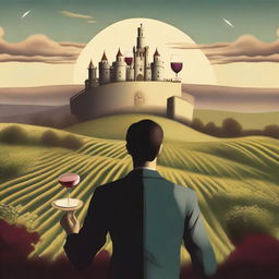 Create a surrealistic image featuring a person holding a cup of wine labeled 'Monterrey'