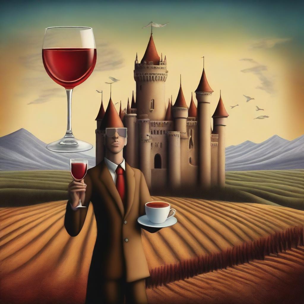 Create an image in a surrealism style featuring a person holding a cup of wine labeled 'Monterrey'