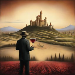 Create an image in a surrealism style featuring a person holding a cup of wine labeled 'Monterrey'