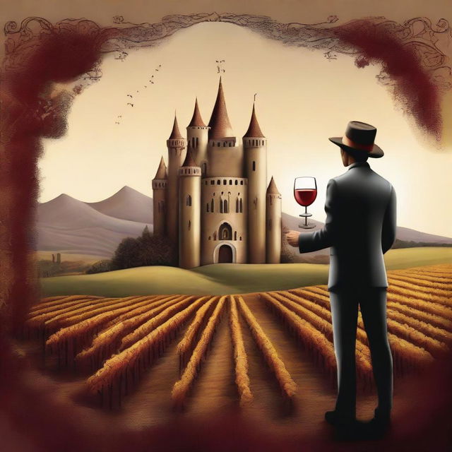 Create an image in a surrealism style featuring a person holding a cup of wine labeled 'Monterrey'