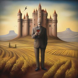 Create an image in a surrealism style featuring a person holding a cup of wine labeled 'Monterrey'