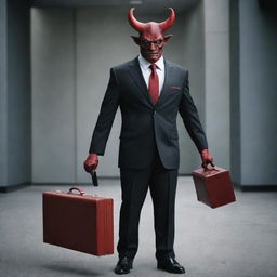 A devilish character dressed in a sharp, professional lawyer's suit, with red skin, dark horns, a tail, and holding a briefcase. The setting is a contemporary, upscale law office.