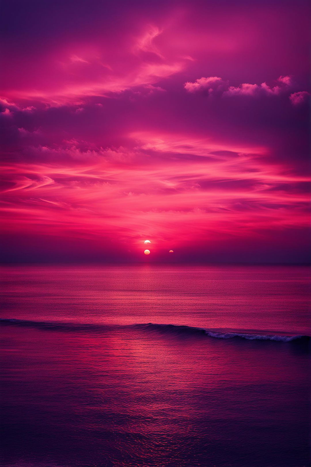 A beautiful sunset over the ocean with vibrant colors, gentle waves, and silhouettes of palm trees.