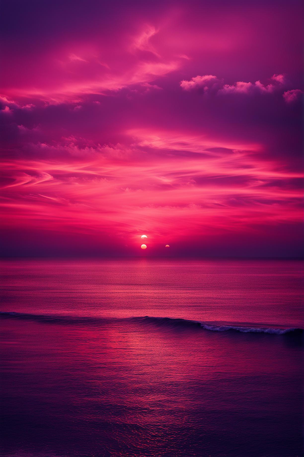 A beautiful sunset over the ocean with vibrant colors, gentle waves, and silhouettes of palm trees.