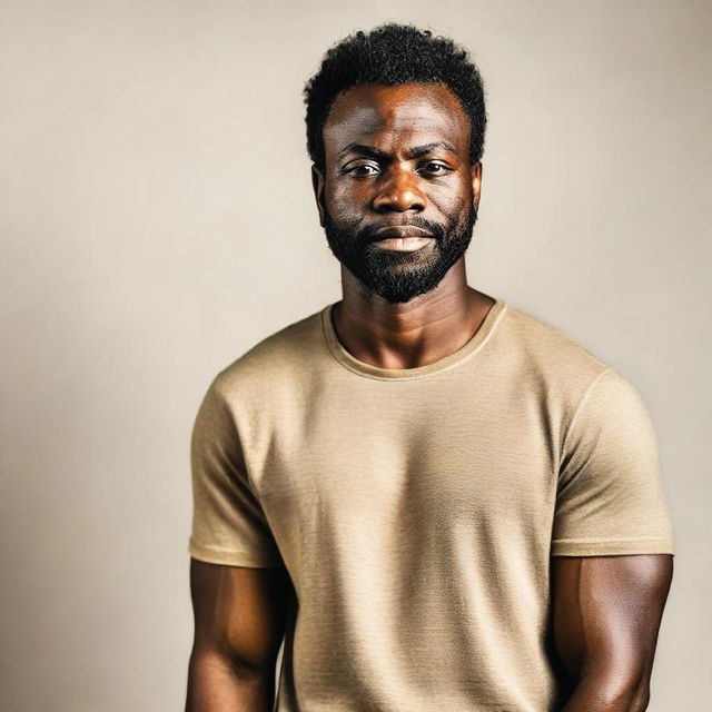 A portrait of a Black man with a confident expression, wearing casual clothing