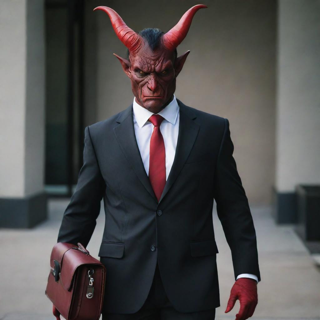 A devilish character dressed in a sharp, professional lawyer's suit, with red skin, dark horns, a tail, and holding a briefcase. The setting is a contemporary, upscale law office.