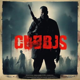 A dramatic movie poster featuring a man standing alone with a machine gun, facing a horde of zombies