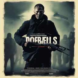 A dramatic movie poster featuring a man standing alone with a machine gun, facing a horde of zombies