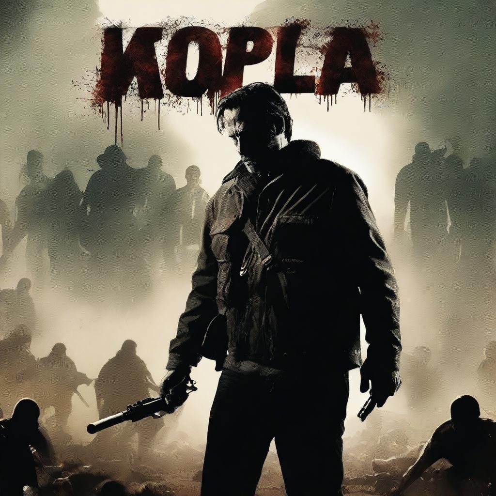 A dramatic movie poster featuring a man standing alone with a machine gun, facing a horde of zombies