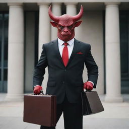 A devilish character dressed in a sharp, professional lawyer's suit, with red skin, dark horns, a tail, and holding a briefcase. The setting is a contemporary, upscale law office.