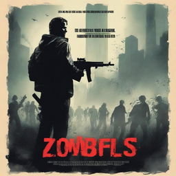 Create a movie poster featuring a man standing alone with a machine gun in front of a horde of zombies