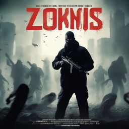 Create a movie poster featuring a man standing alone with a machine gun in front of a horde of zombies