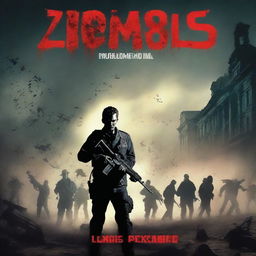 Create a movie poster featuring a man standing alone with a machine gun in front of a horde of zombies