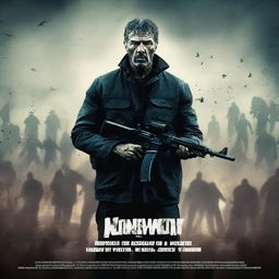 Create a movie poster featuring a man standing alone with a machine gun in front of a horde of zombies