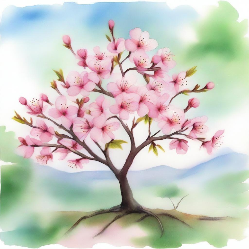 A beautiful watercolor painting of a cherry blossom tree in full bloom