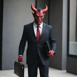 A devilish character dressed in a sharp, professional lawyer's suit, with red skin, dark horns, a tail, and holding a briefcase. The setting is a contemporary, upscale law office.