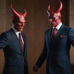 A dramatic scene containing two distinct figures, one is a sophisticated lawyer in a well-tailored suit and the other is a devil-like character with red skin, horns and a tail.