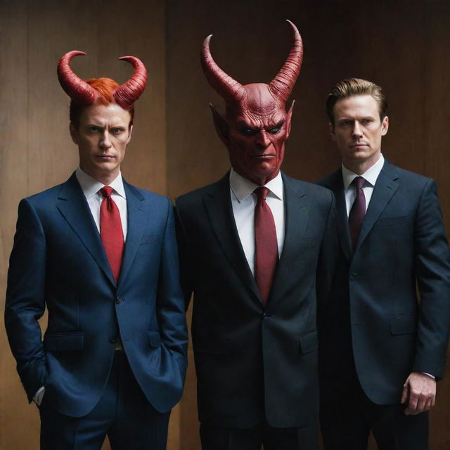 A dramatic scene containing two distinct figures, one is a sophisticated lawyer in a well-tailored suit and the other is a devil-like character with red skin, horns and a tail.