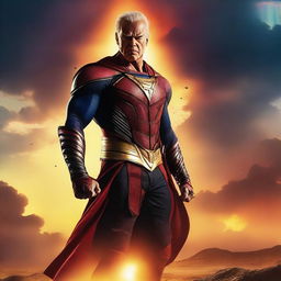 Create a vibrant and eye-catching movie poster featuring a heroic character standing against a dramatic sunset backdrop