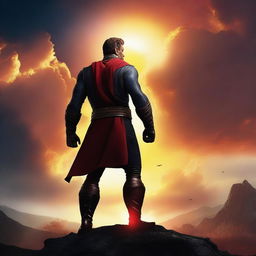 Create a vibrant and eye-catching movie poster featuring a heroic character standing against a dramatic sunset backdrop