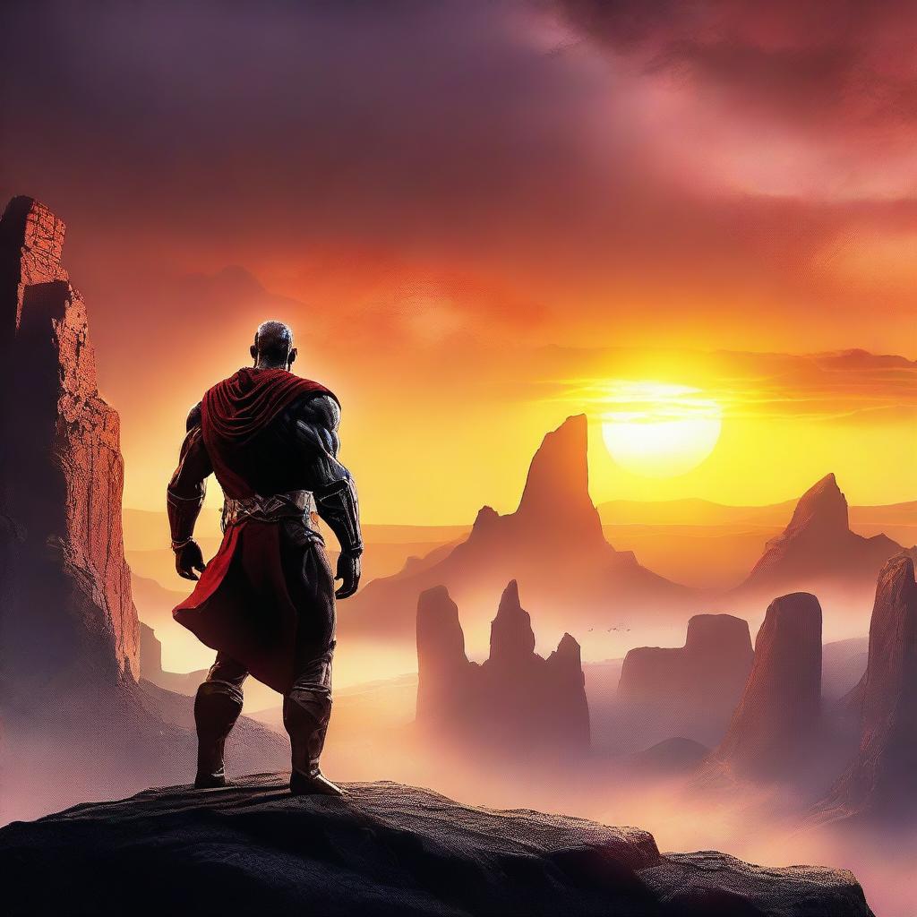 Create a vibrant and eye-catching movie poster featuring a heroic character standing against a dramatic sunset backdrop