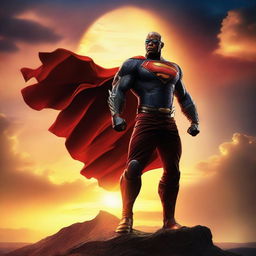 Create a vibrant and eye-catching movie poster featuring a heroic character standing against a dramatic sunset backdrop