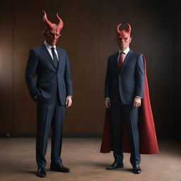 A dramatic scene containing two distinct figures, one is a sophisticated lawyer in a well-tailored suit and the other is a devil-like character with red skin, horns and a tail.