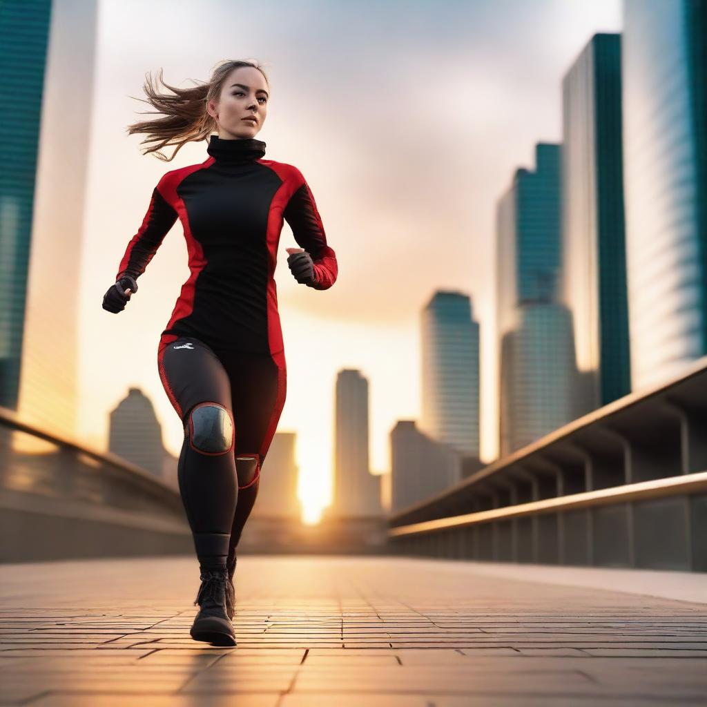 A 23-year-old woman with wide hips is running in the middle of the city during sunset