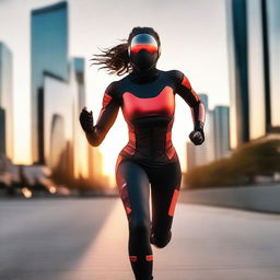 A 23-year-old woman with wide hips is running in the middle of the city during sunset