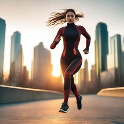 A 23-year-old woman with wide hips is running in the middle of the city during sunset