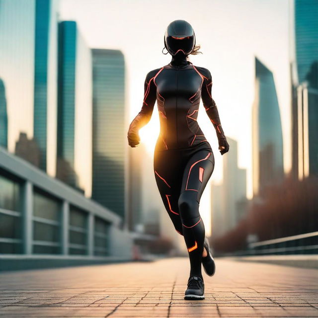 A 23-year-old woman with wide hips is running in the middle of the city during sunset