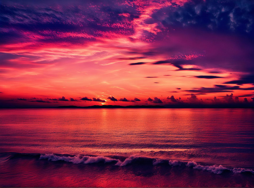 A beautiful sunset over the ocean with vibrant colors, gentle waves, silhouettes of palm trees, and a wider aspect ratio for a panoramic view