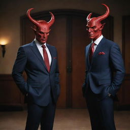 A dramatic scene containing two distinct figures, one is a sophisticated lawyer in a well-tailored suit and the other is a devil-like character with red skin, horns and a tail.