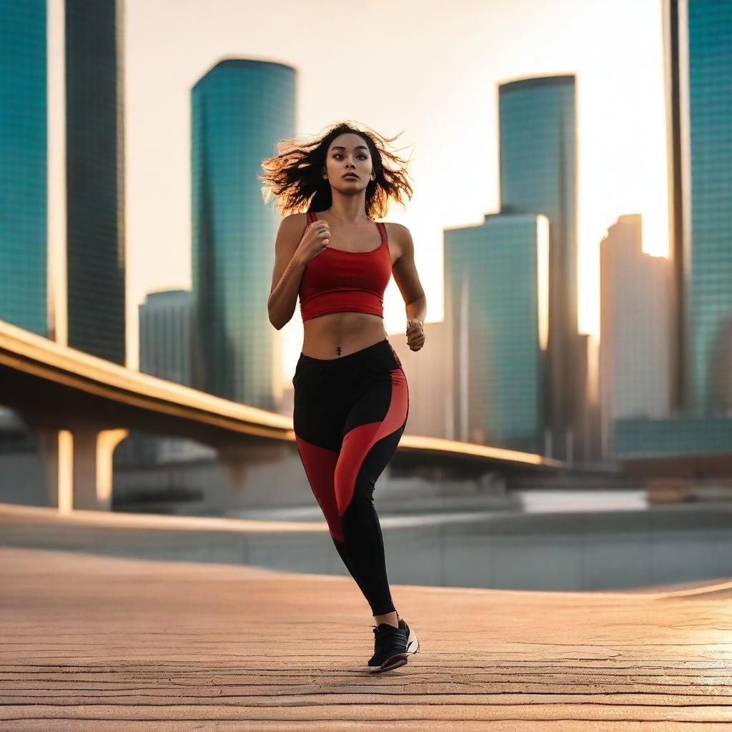 A 23-year-old woman with wide hips and a large chest is running in the middle of the city during sunset