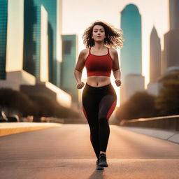 A 23-year-old woman with wide hips and a large chest is running in the middle of the city during sunset