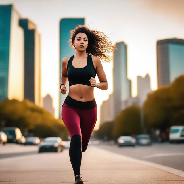 A 23-year-old woman with wide hips and a large chest is running in the middle of the city during sunset