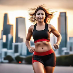 A 23-year-old woman with wide hips and a large chest is running in the middle of the city during sunset