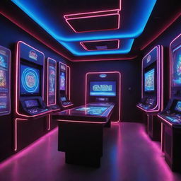 A high tech gaming platform named 'Game ON', featuring neon lights, modern design, futuristic interface, and an underlying vibe of excitement and adventure.