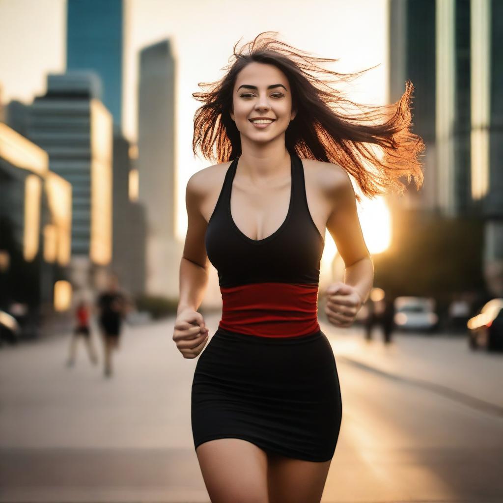 A beautiful 23-year-old woman with wide hips and a large chest is running in the middle of the city during sunset