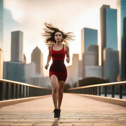 A beautiful 23-year-old woman with wide hips and a large chest is running in the middle of the city during sunset