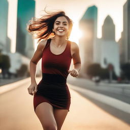 A beautiful 23-year-old woman with wide hips and a large chest is running in the middle of the city during sunset