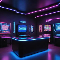 A high tech gaming platform named 'Game ON', featuring neon lights, modern design, futuristic interface, and an underlying vibe of excitement and adventure.