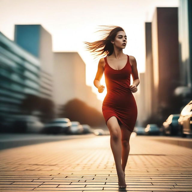 A beautiful 23-year-old woman with wide hips and a large chest is running in the middle of the city during sunset