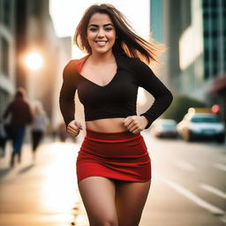 A beautiful 23-year-old woman with wide hips and a large chest is running in the middle of the city during sunset