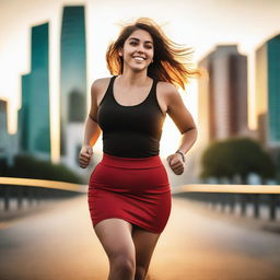 A beautiful 23-year-old woman with wide hips and a large chest is running in the middle of the city during sunset