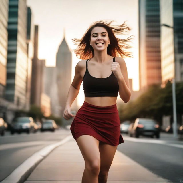 A beautiful 23-year-old woman with wide hips and a large chest is running in the middle of the city during sunset