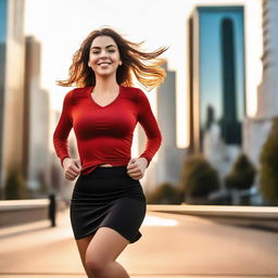 A beautiful 23-year-old woman with wide hips and a large chest is running in the middle of the city during sunset