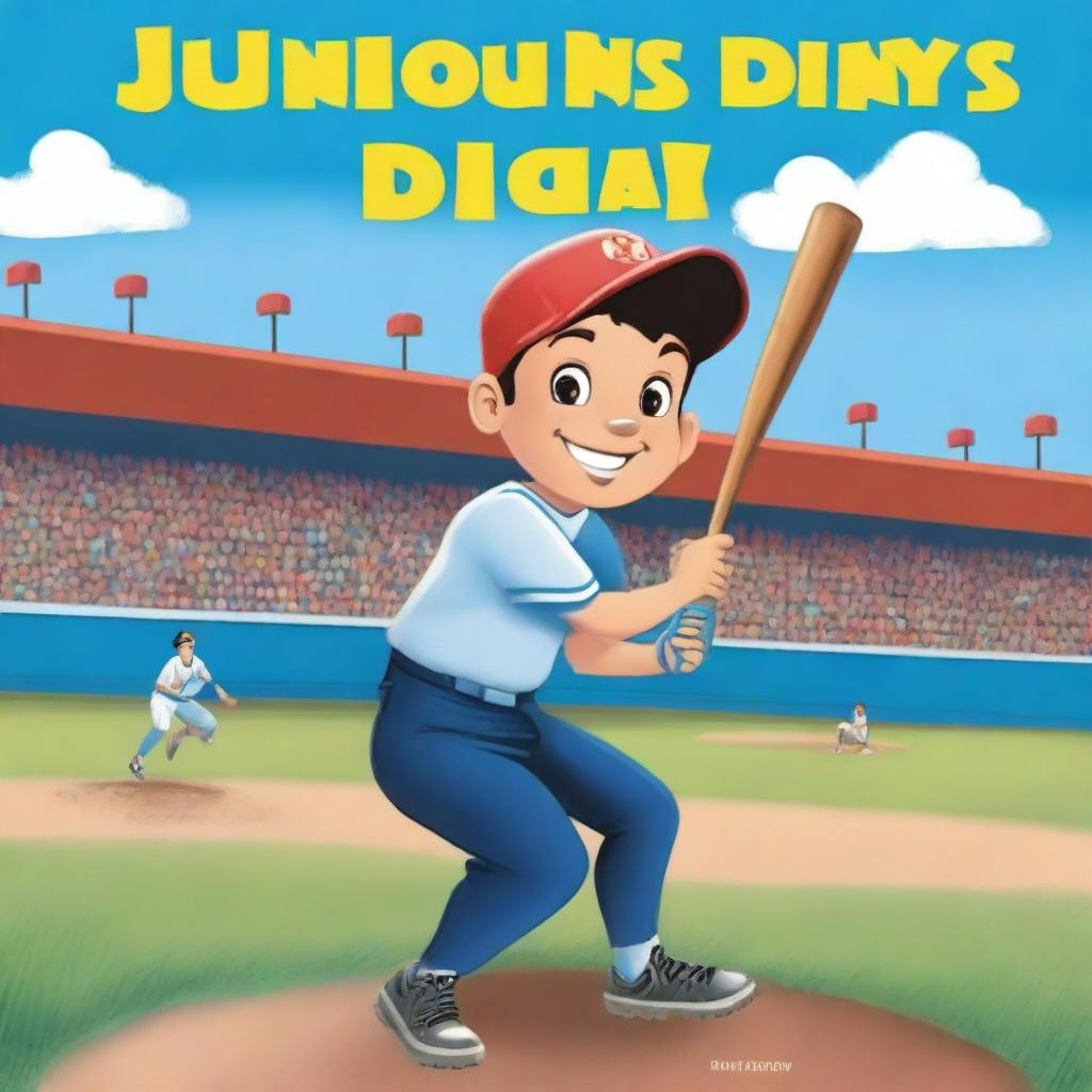 Create a children's book cover featuring a young boy playing baseball on a baseball field